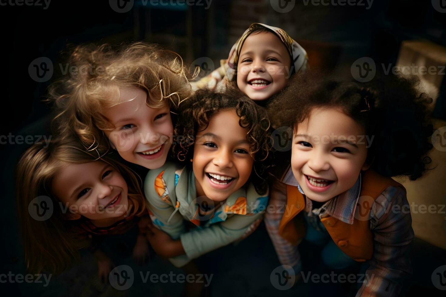 Close-up faces of happy multinational children hugging and smiling for the camera. Cute boy and girl looking at the camera. Ai generative photo