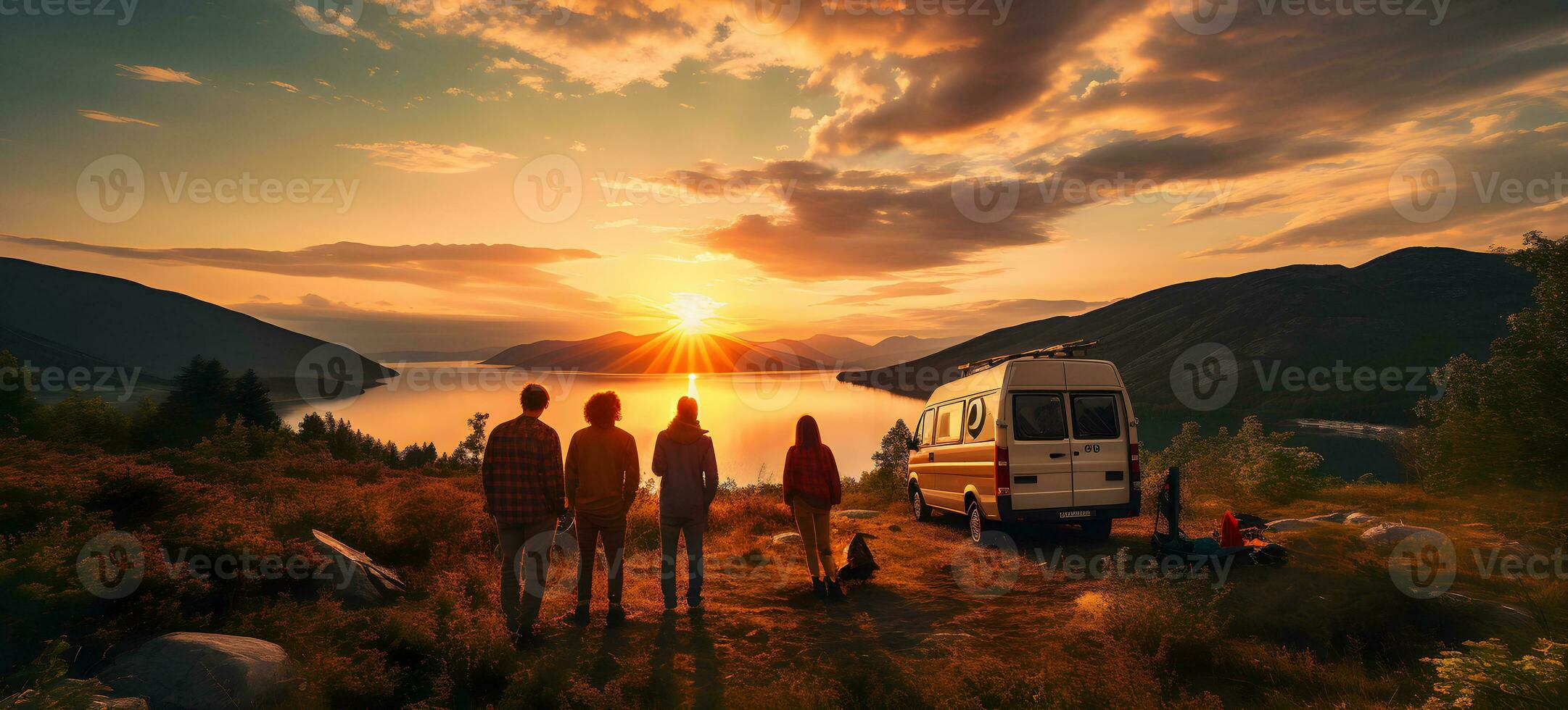 Group of friends enjoying fresh air and beautiful view on the mountain. Campervan, travel with friends, road trip on holiday concept. Ai generative photo