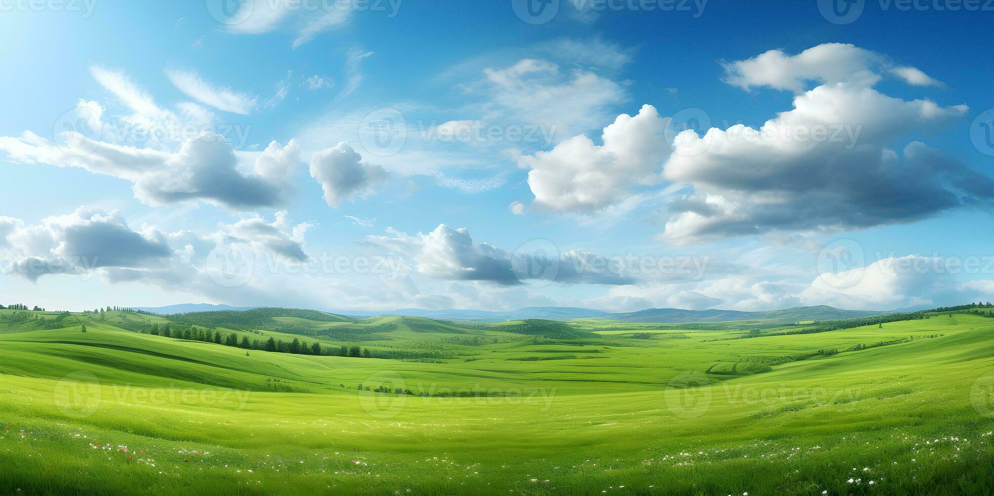 Fresh air and beautiful natural landscape of meadow with green tree in the sunny day background. Summer landscape with hilly green field and forest in the distance and blue clear sky. Generative Ai photo