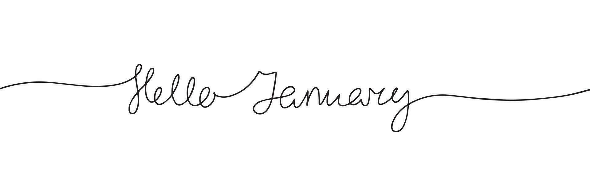 Hello January. One line continuous Christmas text banner. Concept Christmas banner handwriting short phases. Vector illustration.