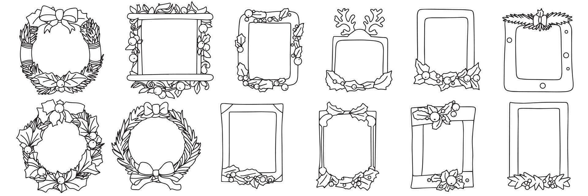 Collection of frames in doodle style isolated on white background. Set of Christmas decor in outline. Vector illustration.
