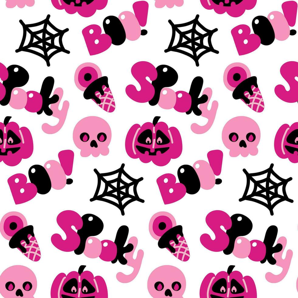 Seamless pattern in pink, black colors for Halloween. Pumpkin with a face, candy with an eye, skull, spider web, frightening inscriptions on a white, vector illustration in cartoon style. packaging