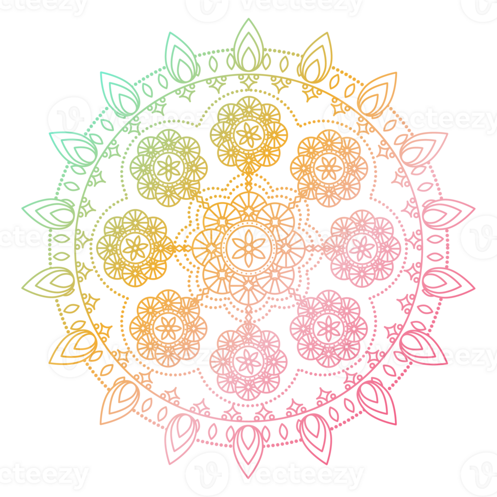 Soft gradient mandala ornament outline pattern. Indian geometric art graphic. Isolated coloring book. png
