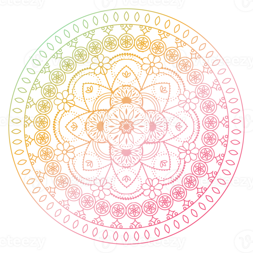 Soft gradient mandala ornament outline pattern. Indian geometric art graphic. Isolated coloring book. png