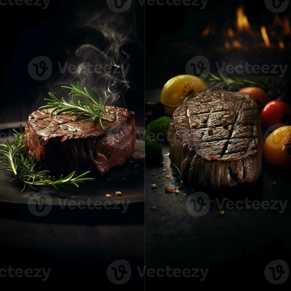 A steak on a cutting board with herbs and spices. generative ai. photo