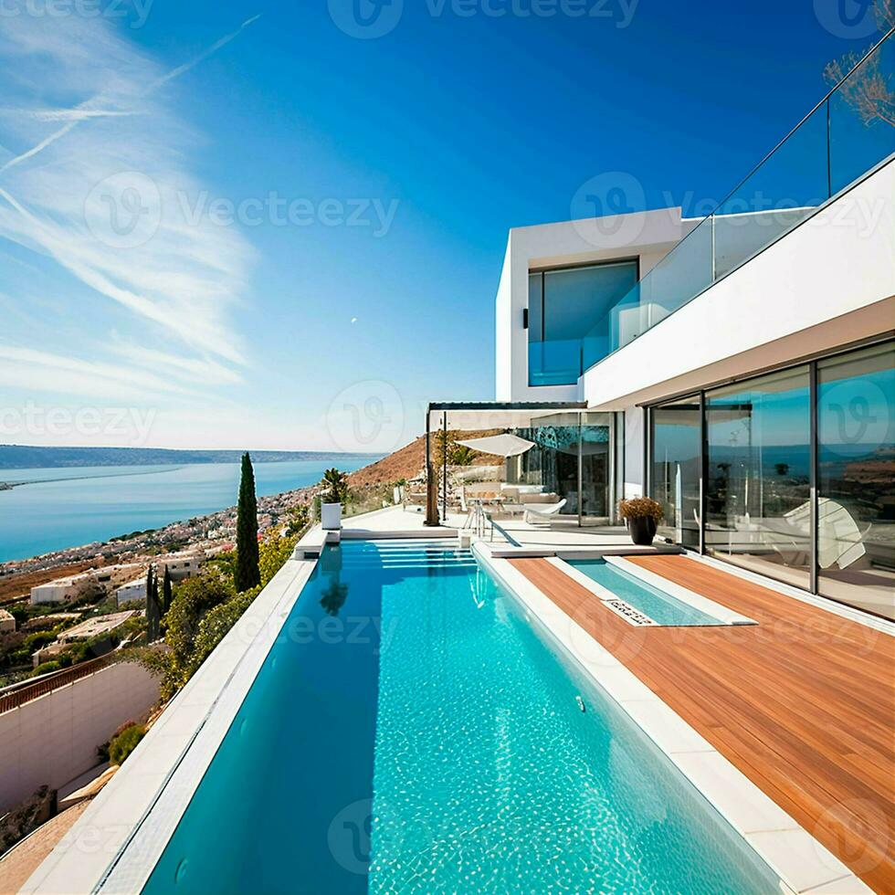 3D rendering of a luxurious modern white villa with pool. generative ai photo