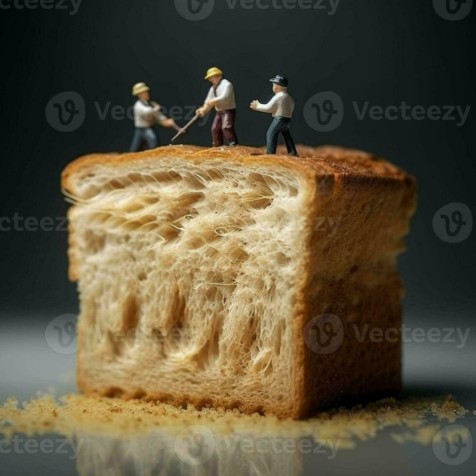 Close up miniature people many of worker man working on whole grain bread background,team work concept. Generative Ai. photo
