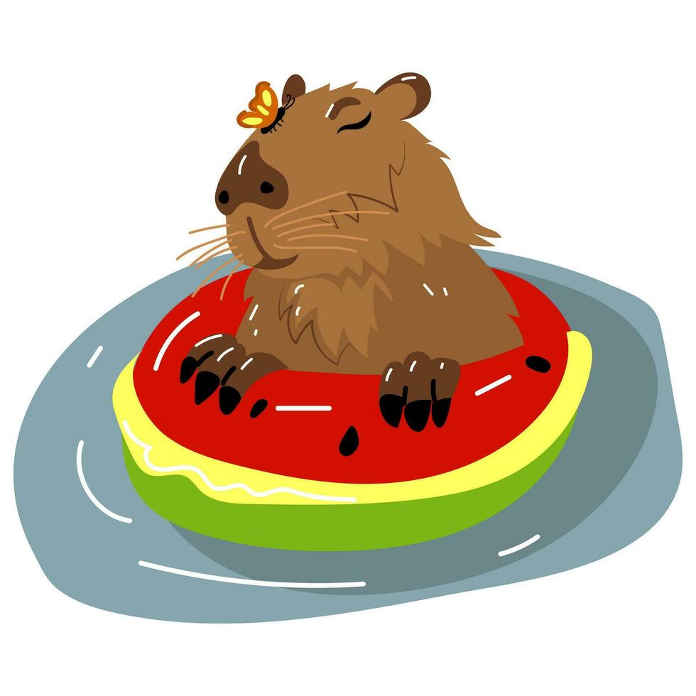 A capybara in a Japanese hot spring Onsen in a circle in the form of a watermelon with a butterfly on its nose. A capybara floating in the water. Kawaii drawing, funny isolated flat illustration vector