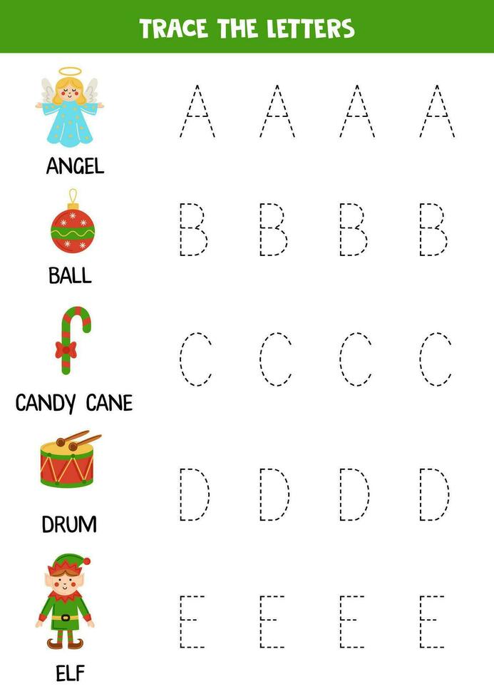 Tracing letters of Christmas alphabet. Writing practice. vector