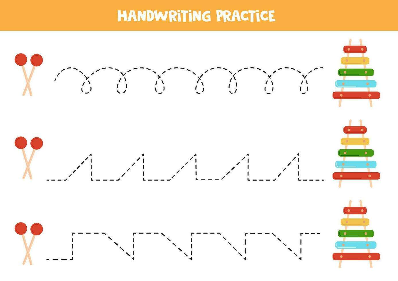Tracing lines for kids. Cartoon xylophone. Handwriting practice. vector