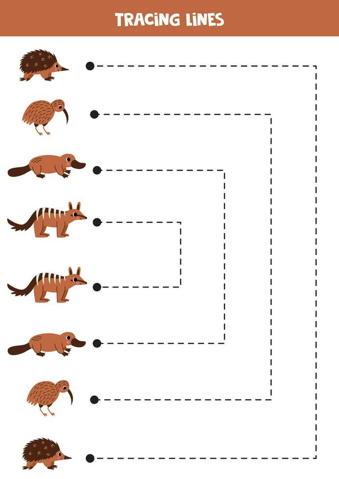 Tracing lines for kids. Australian animals. Handwriting practice. vector