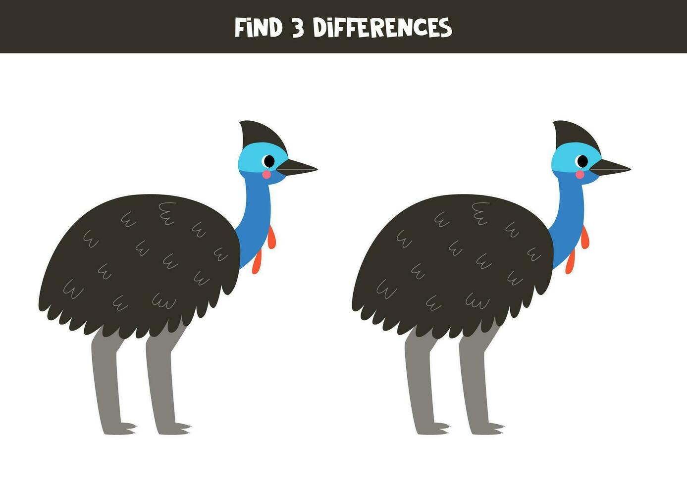 Find three differences between two pictures of cute cassowary. Game for kids. vector