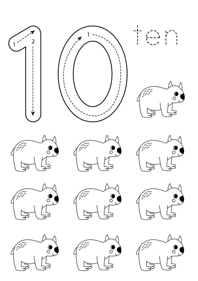 Flashcard number 10. Preschool worksheet. Cute cartoon wombat. vector