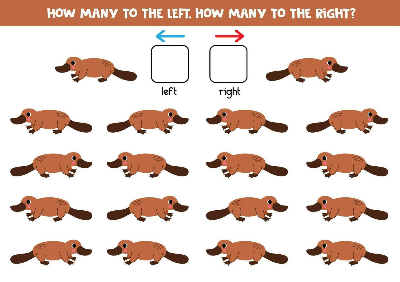 Left or right with cute cartoon platypus. Logical worksheet for preschoolers. vector