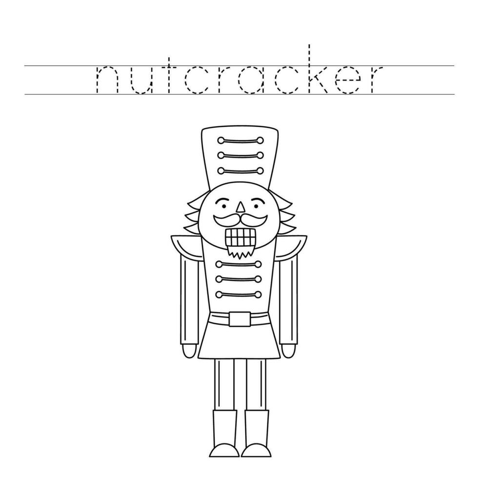 Trace the letters and color cartoon nutcracker. Handwriting practice for kids. vector