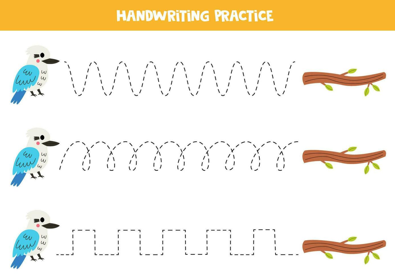 Tracing lines for kids. Cute kookaburra bird and tree branch. Handwriting practice. vector