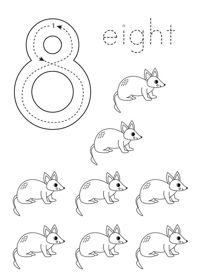 Flashcard number 8. Preschool worksheet. Cute cartoon bandicoot. vector