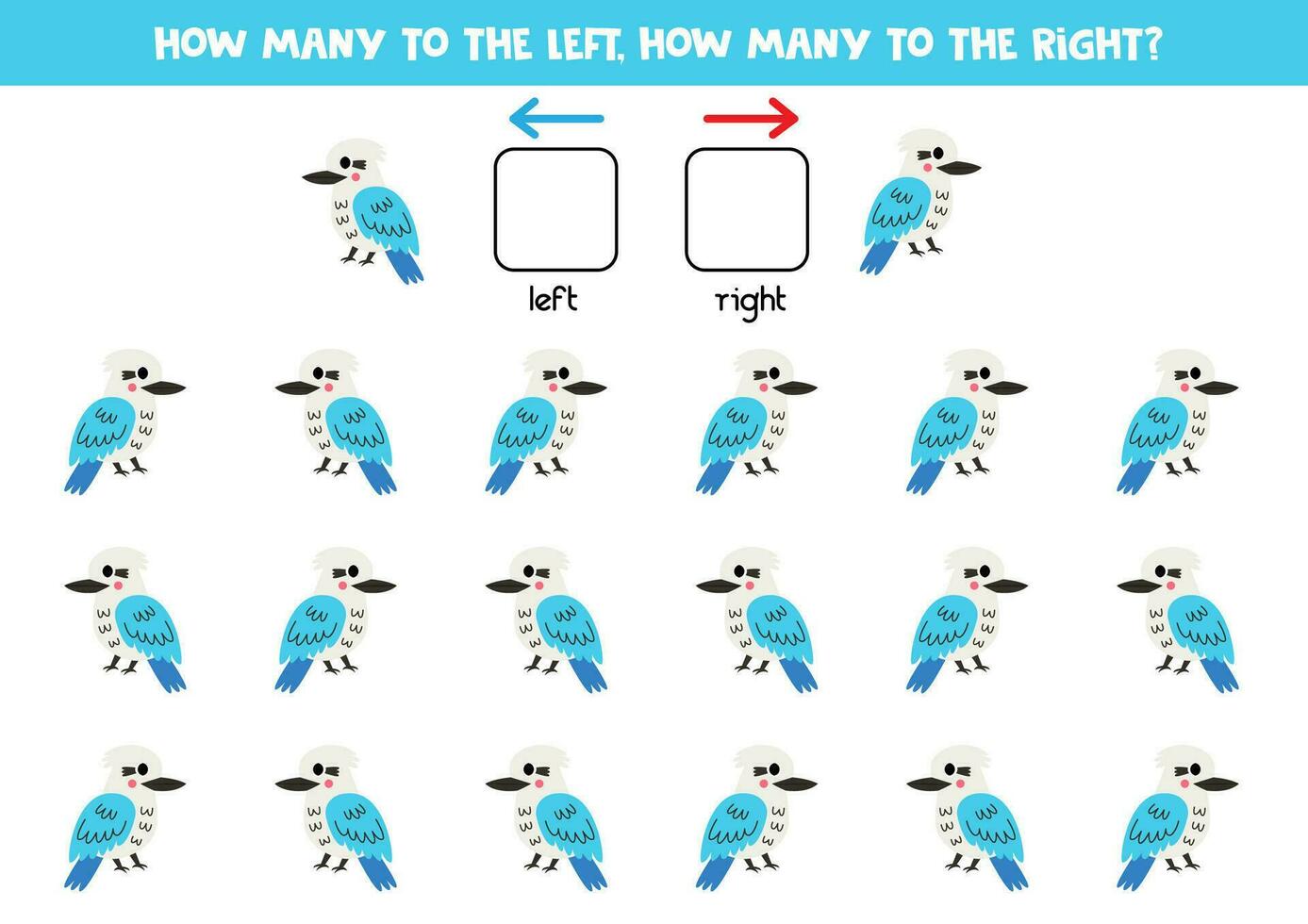 Left or right with cute cartoon kookaburra bird. Logical worksheet for preschoolers. vector