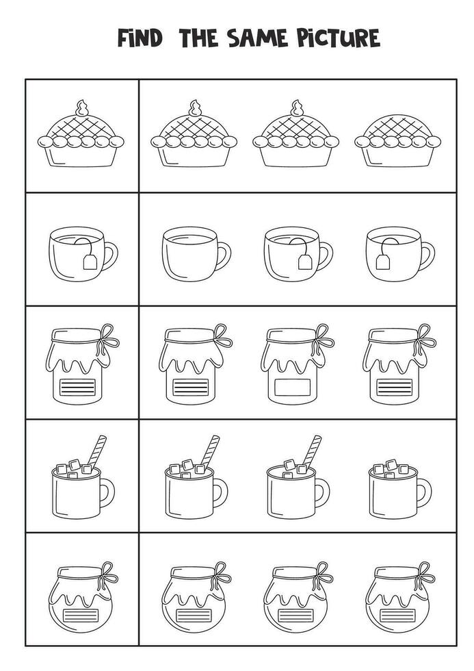 Find two the same autumn items. Black and white worksheet. vector