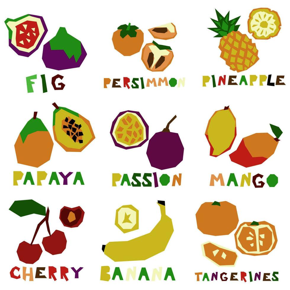 A set of stylized geometric fruits in whole and in section with the name. Natural organic tropical products. Printing on grocery products to indicate taste. Vector flat illustration