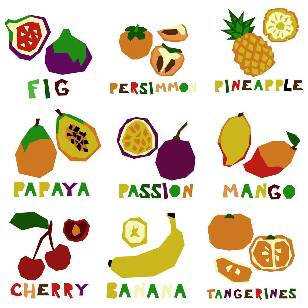 un conjunto de estilizado geométrico frutas en todo y en sección con el nombre. natural orgánico tropical productos impresión en tienda de comestibles productos a indicar gusto. vector plano ilustración