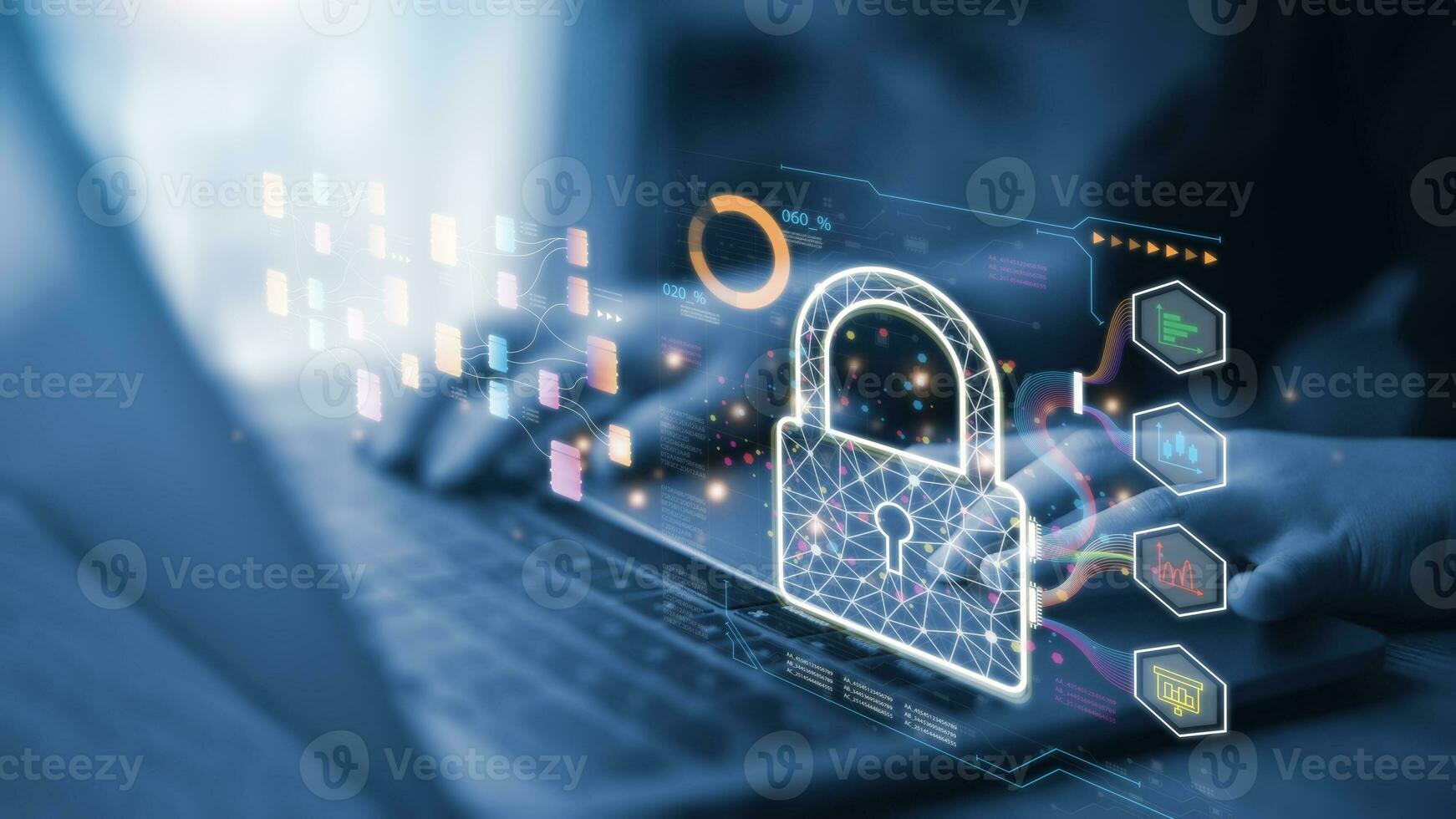 Women using laptop computers with digital padlocks on internet technology networking with cloud computing and data management, cybersecurity. Cyber security network. Data protection concept. photo
