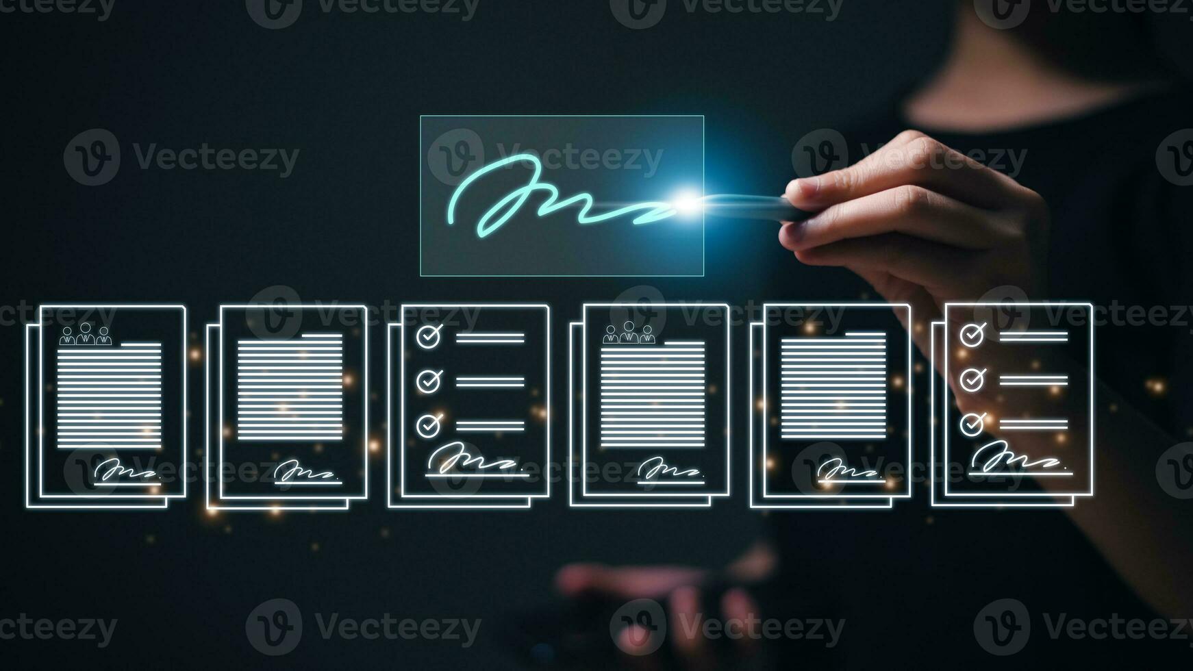 Electronic signature and paperless office concept. Online business contract Electronic signature, e-signing, digital document management, paperless office, signing business contract concept. photo
