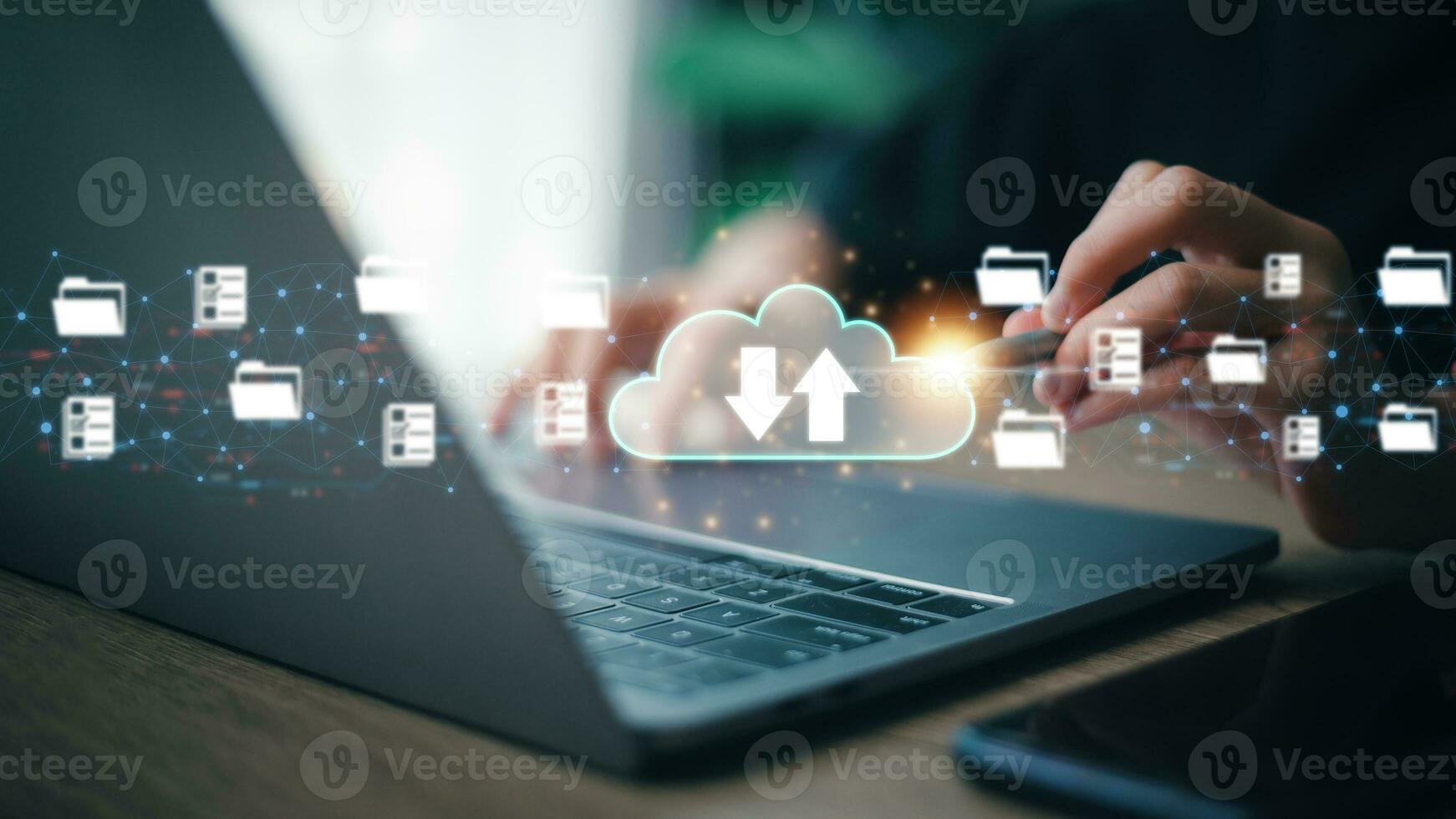 Technology cloud computing for data transmission, database, data storage, and backup. Networking and Internet service concept. Futuristic business network concept. photo