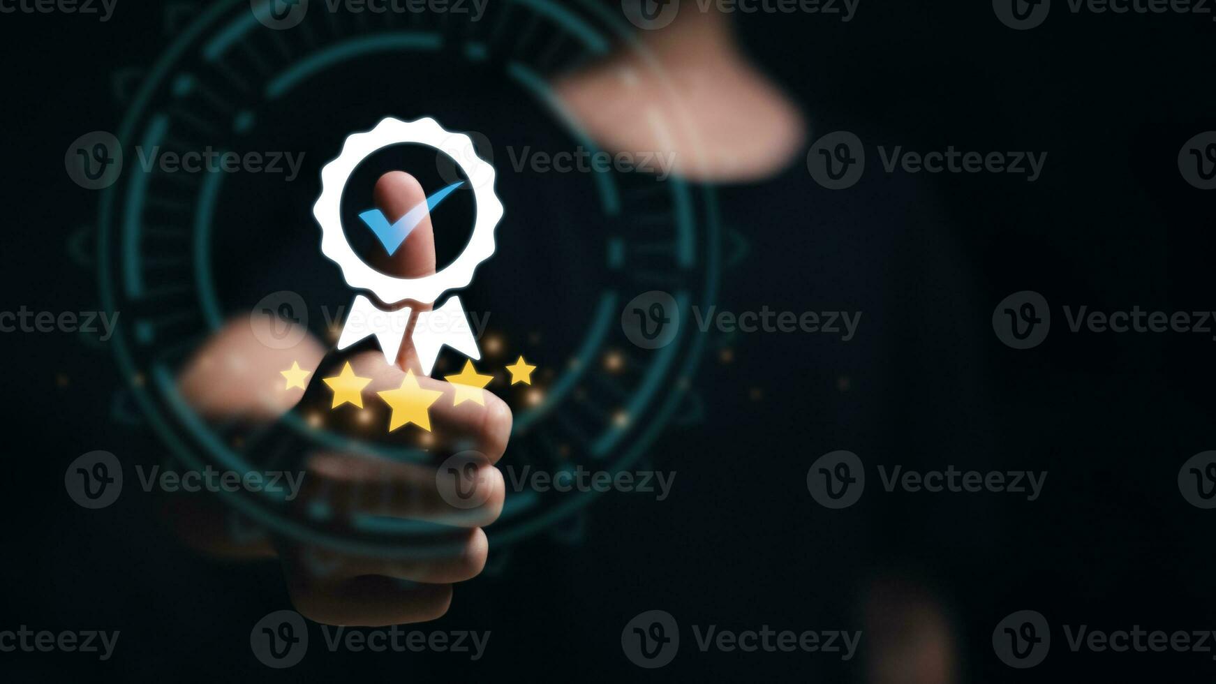 Hand thumb up with the sign of the top service Quality assurance, Guarantee, Standards, ISO certification and standardization concept. Best Quality product and service. photo