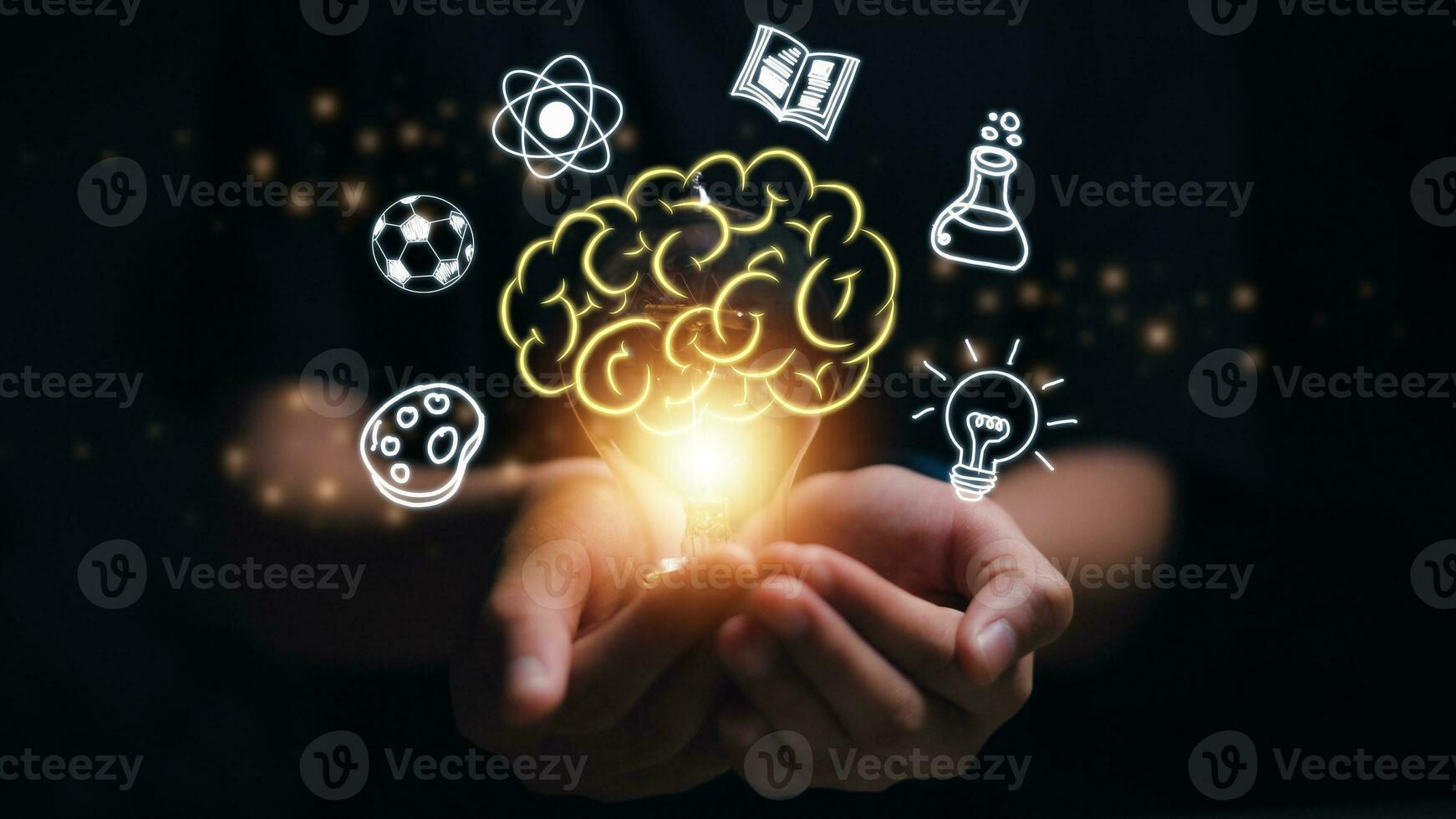 Hands holding brain with education icons, innovative technology in science, and communication concepts. creativity concept photo