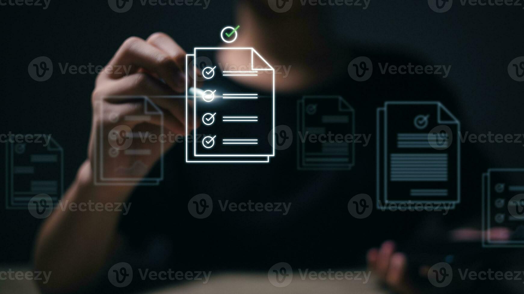 Women touching on virtual screen to tick mark documents for online approve paperless quality assurance and ERP management. Prepare check and approve concepts. Document management, paperless. photo