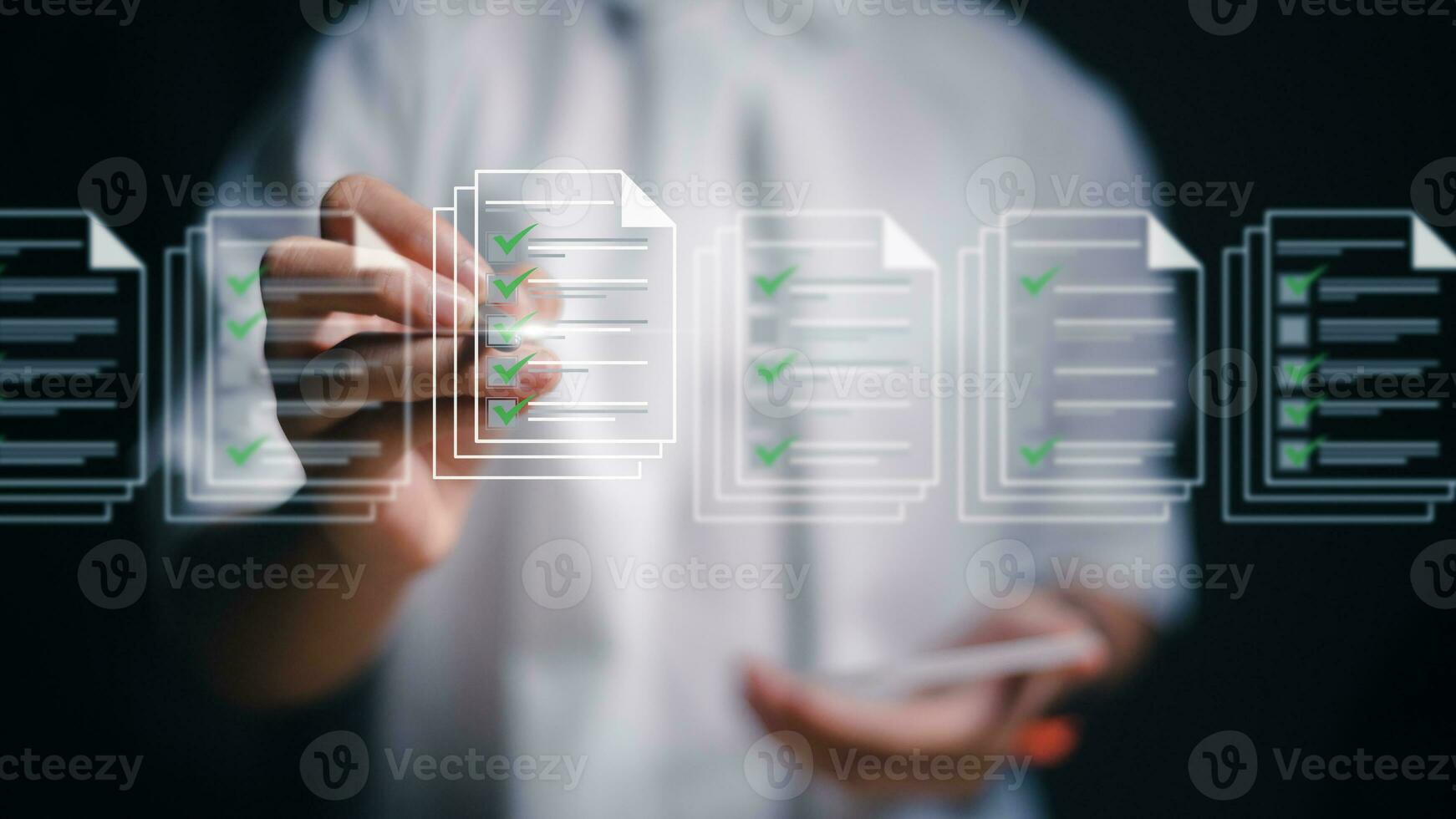 Women touching on virtual screen to tick mark documents for online approve paperless quality assurance and ERP management. Prepare check and approve concepts. Document management, paperless. photo