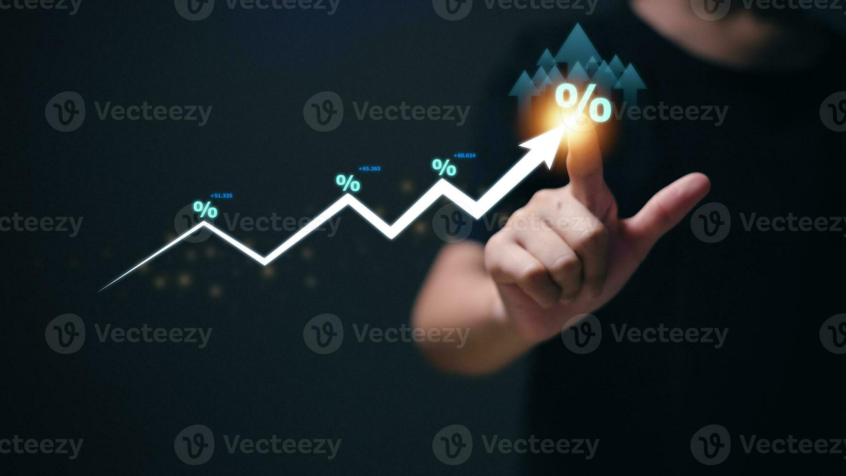 Women with percentage symbol and up arrow, Interest rates continue to increase, return on stocks and mutual funds, long term investment for retirement. Interest rate and dividend concept. photo