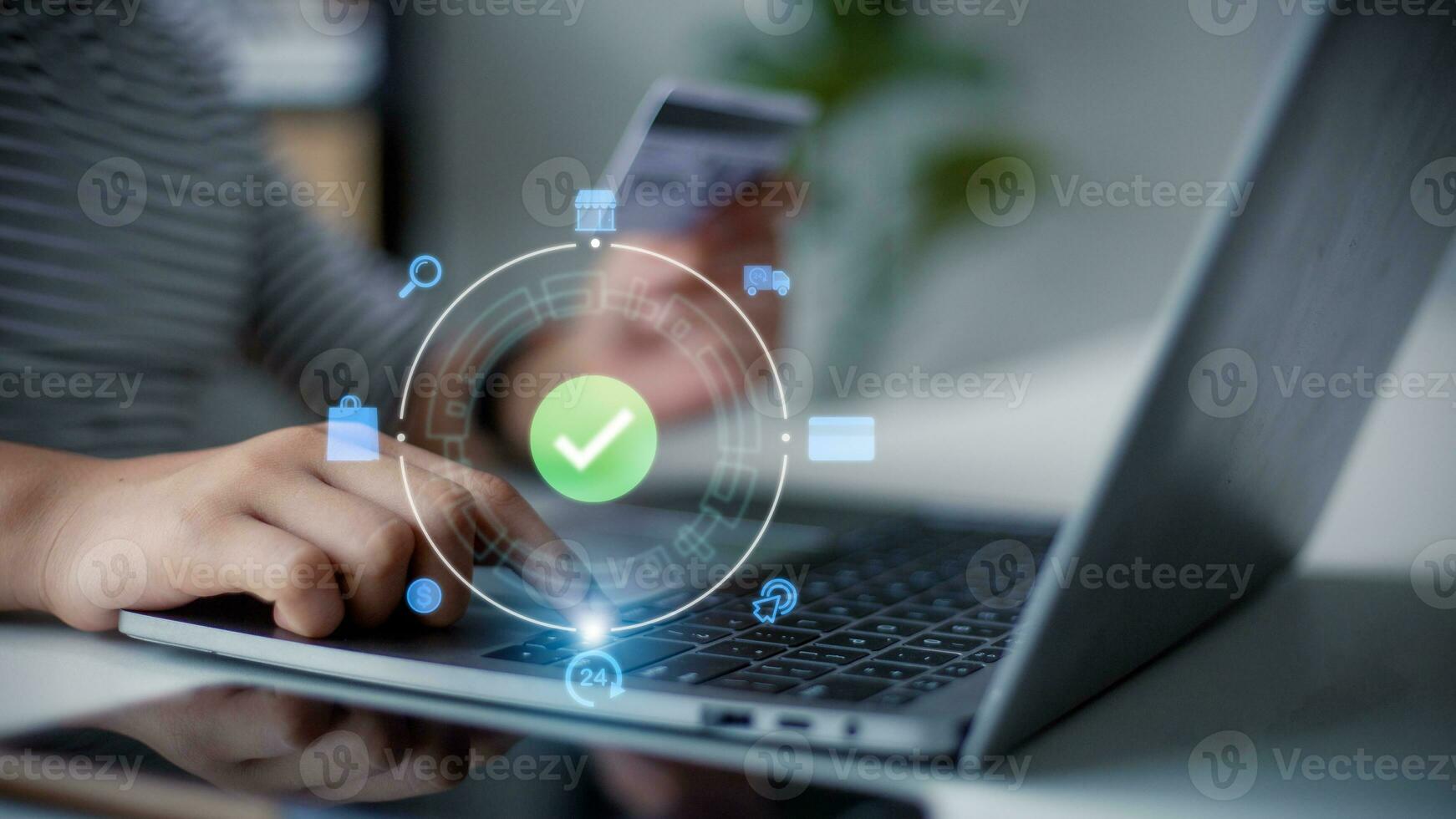 Women use a Laptop, for online payment, banking, and online shopping. Technology online banking applications via internet network. financial transaction. Digital online payment concept. photo