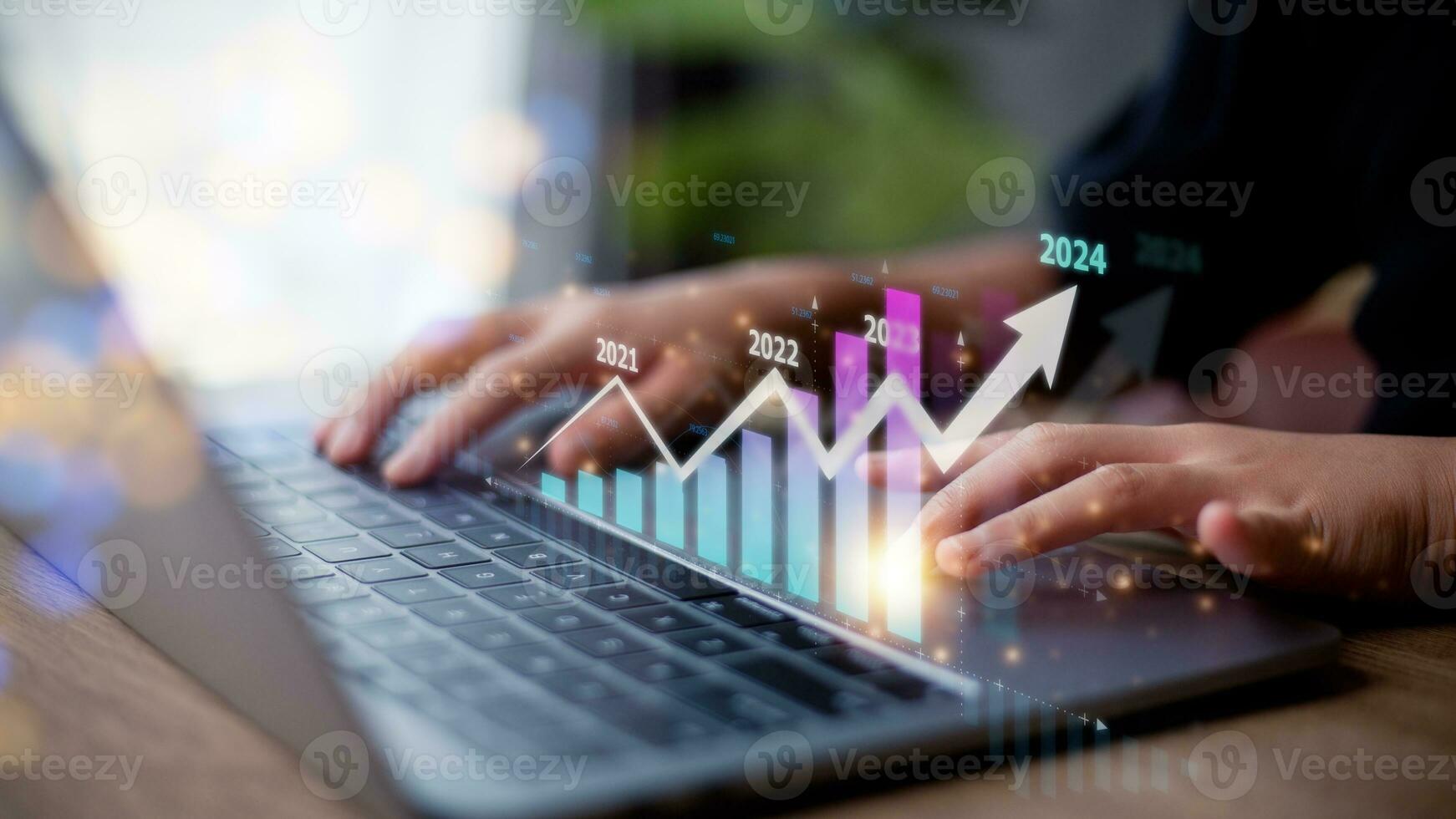 Businesswoman pointing increase arrow graph corporate future business goals on the year 2024, planning and strategy, business development concept. photo