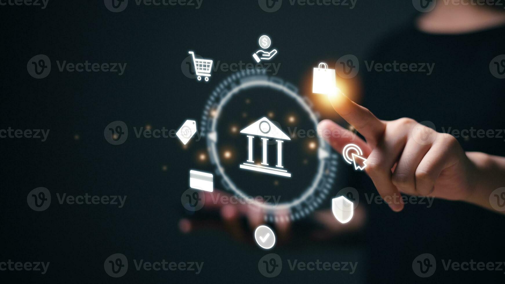 Digital online payment concept. Business people using mobile smart phone, online payment, banking, online shopping. Technology online banking applications via internet network. financial transaction. photo