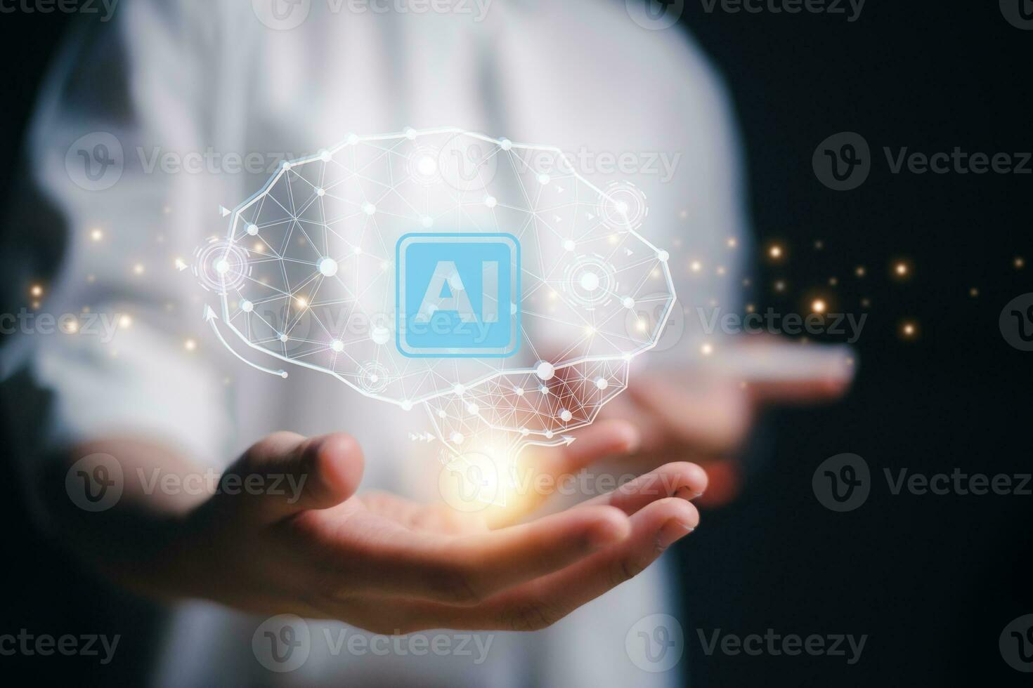 Internet of Things, IoT, Use of AI to help to work and used in daily life, Chatbot, AI, Artificial intelligence concept. Virtual artificial intelligence brain connection in hands. photo