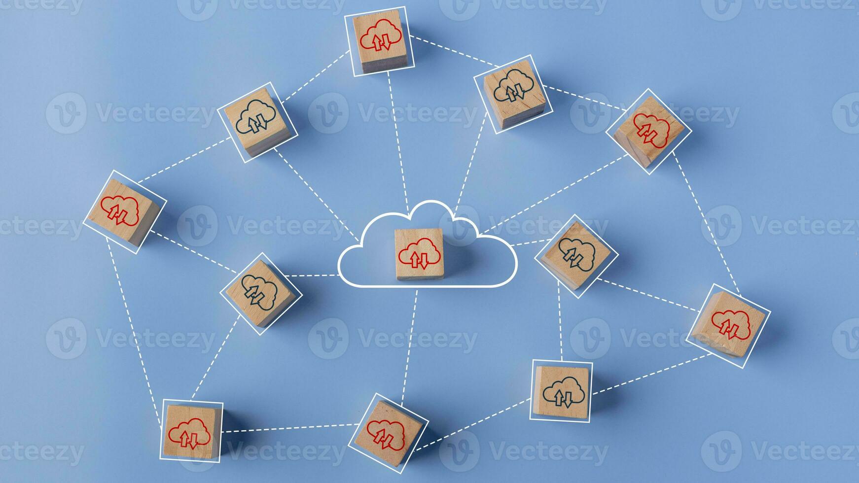 Cloud computing concept. Cloud icons on connected wooden cubes. The idea of sharing or transferring data online. photo