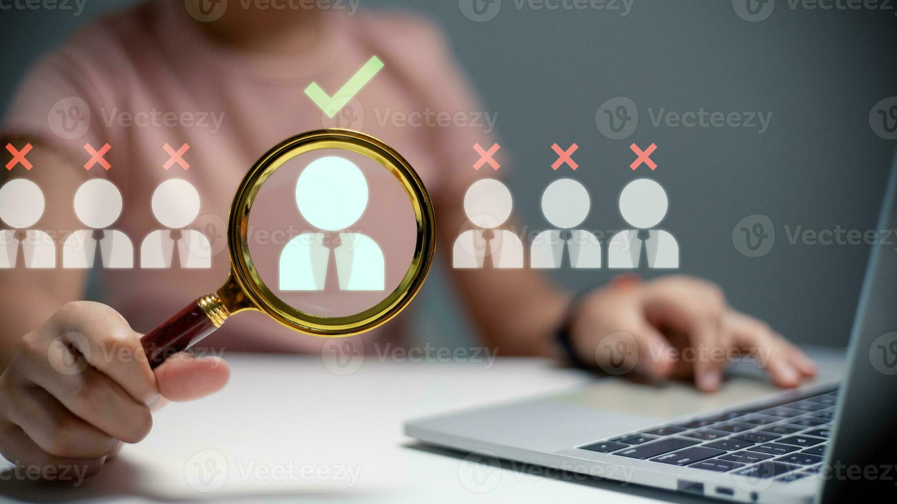 Recruitment, CRM, human resource, HR, Customer Relationship Management, Managers holding magnifying glasses searching for good and quality employees. officer looking for employee represented by icon. photo
