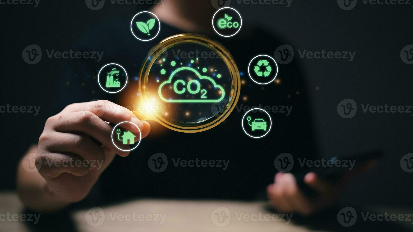 Earth ESG for developing green energy. CO2 reducing icon on global earth decreases CO2 or carbon dioxide emission, carbon footprint, and carbon credit to limit global warming from climate change. photo
