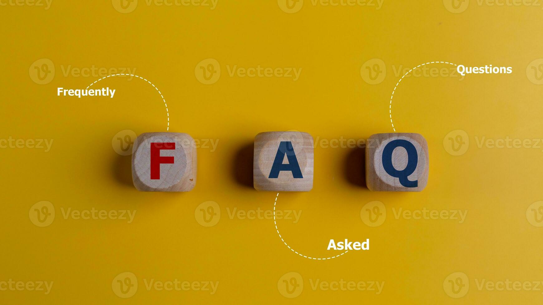 FAQ - Frequently Asked Questions acronym on wooden cubes on a yellow background photo