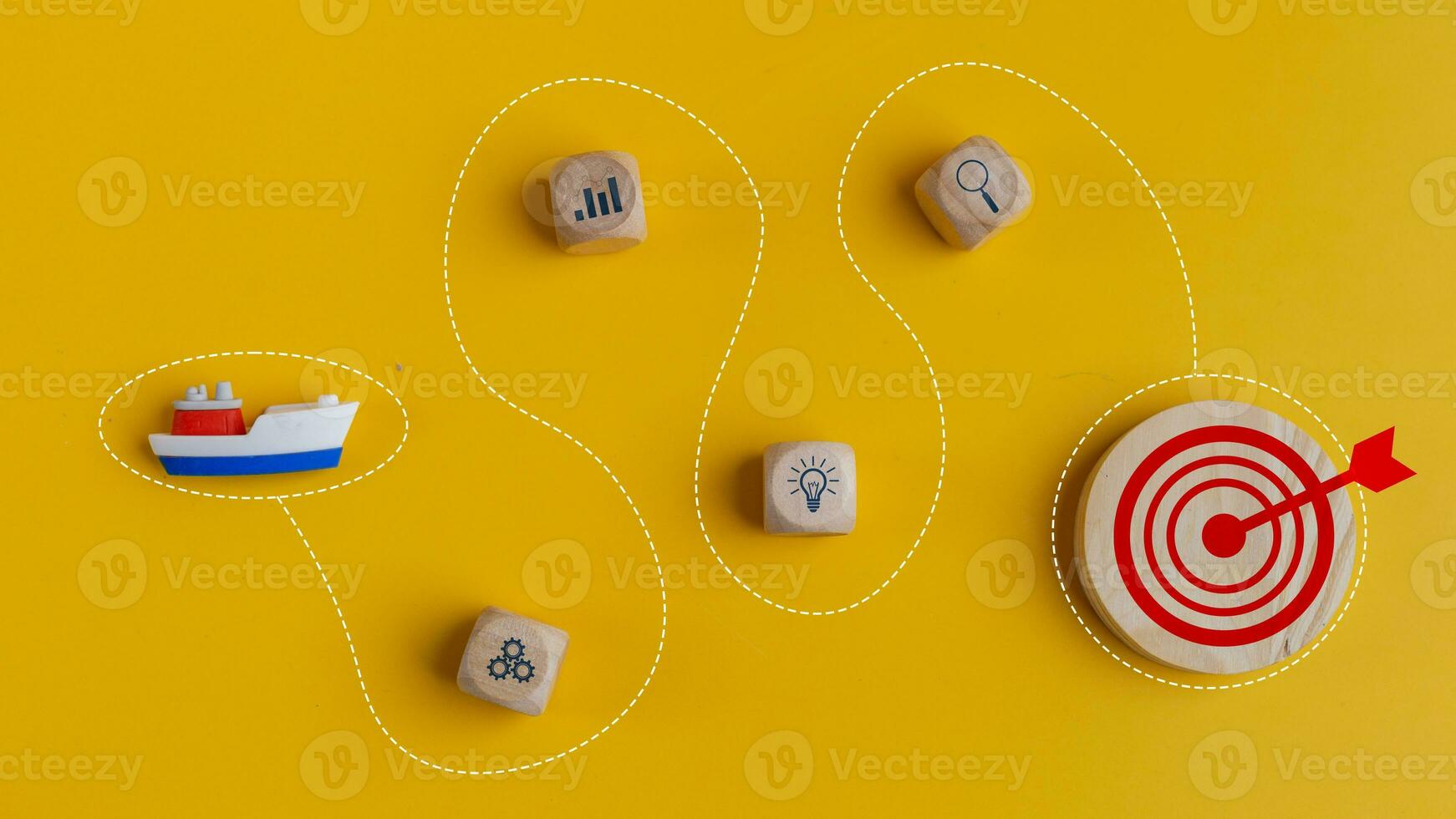 Leader boat leading, on a yellow background. Goal and target, success and business target concept, project management, and company strategy. Leadership concept. photo