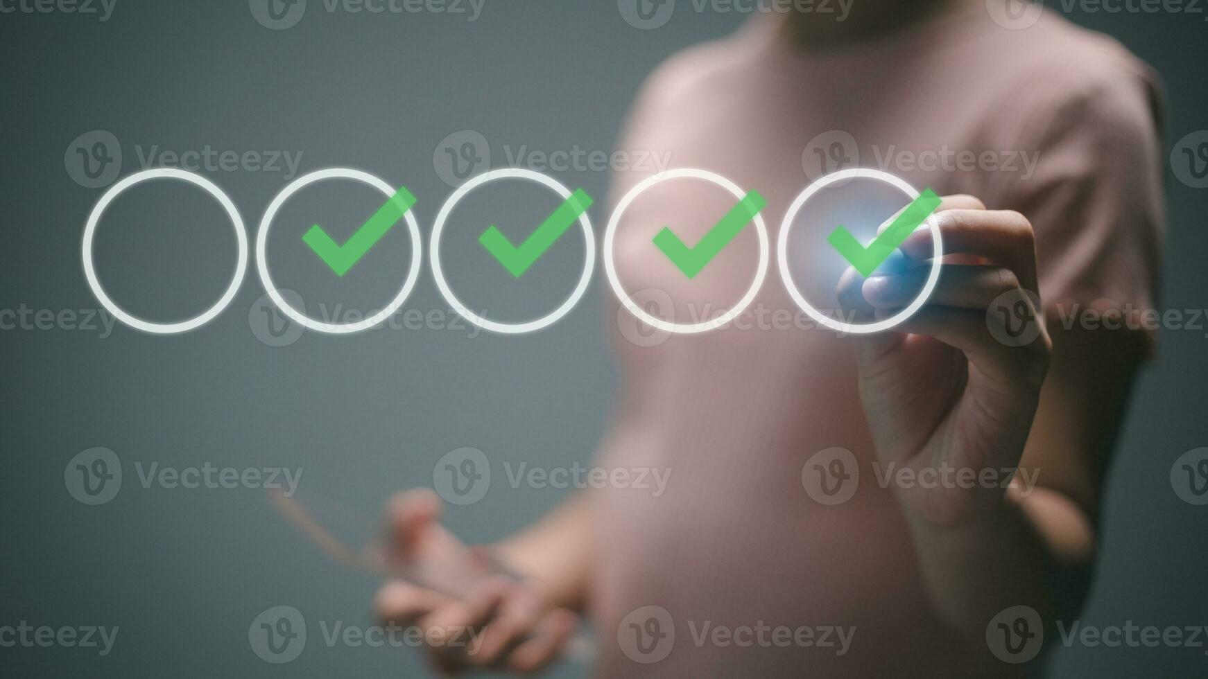 Businessmen evaluate with checkboxes online on a virtual screen. assessment survey online, choosing the correct answer in test, questions test, online exam, quiz knowledge, filling out a survey form. photo