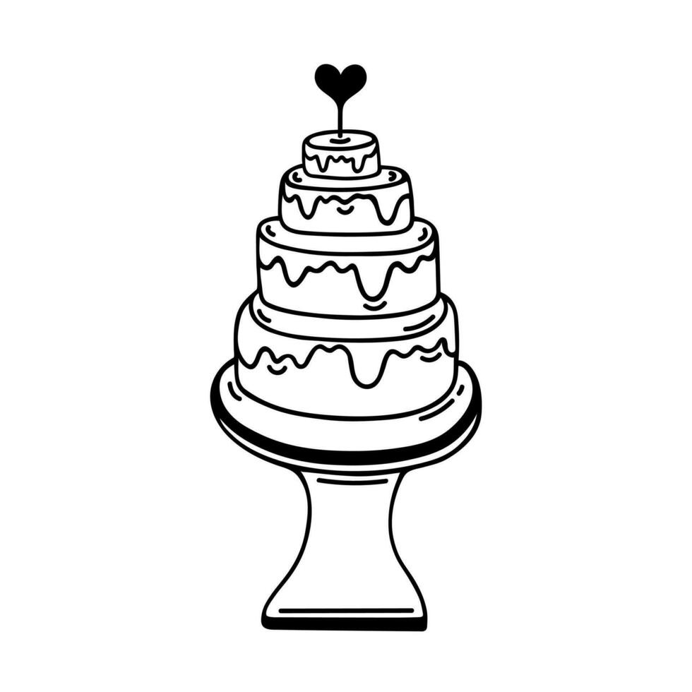 Tiered wedding cake vector icon. Tasty festive pie with cream decorated with a heart. Fresh baked goods on a stand. Vintage classic dessert for engagement, marriage, party. Doodle isolated on white