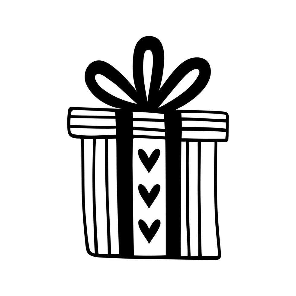 Gift box with a present inside, vector illustration. Holiday surprise with ribbon, bow, hearts. Striped container for Birthday, Christmas, Valentines Day. Hand drawn black doodle isolated on white
