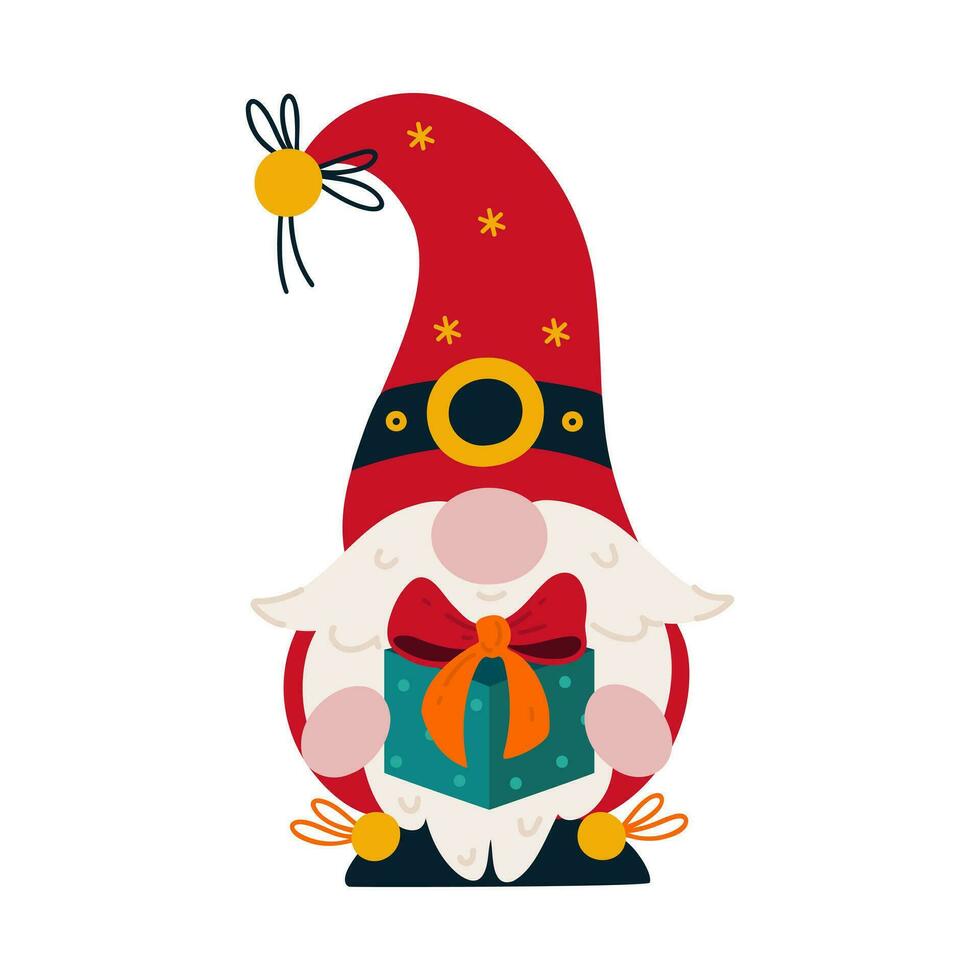 linda Navidad gnomo vector ilustración. un canoso duende con un barba sostiene un fiesta regalo con un arco en su manos. Papa Noel claus ayudante en un media gorra con copos de nieve y un campana. dibujos animados clipart