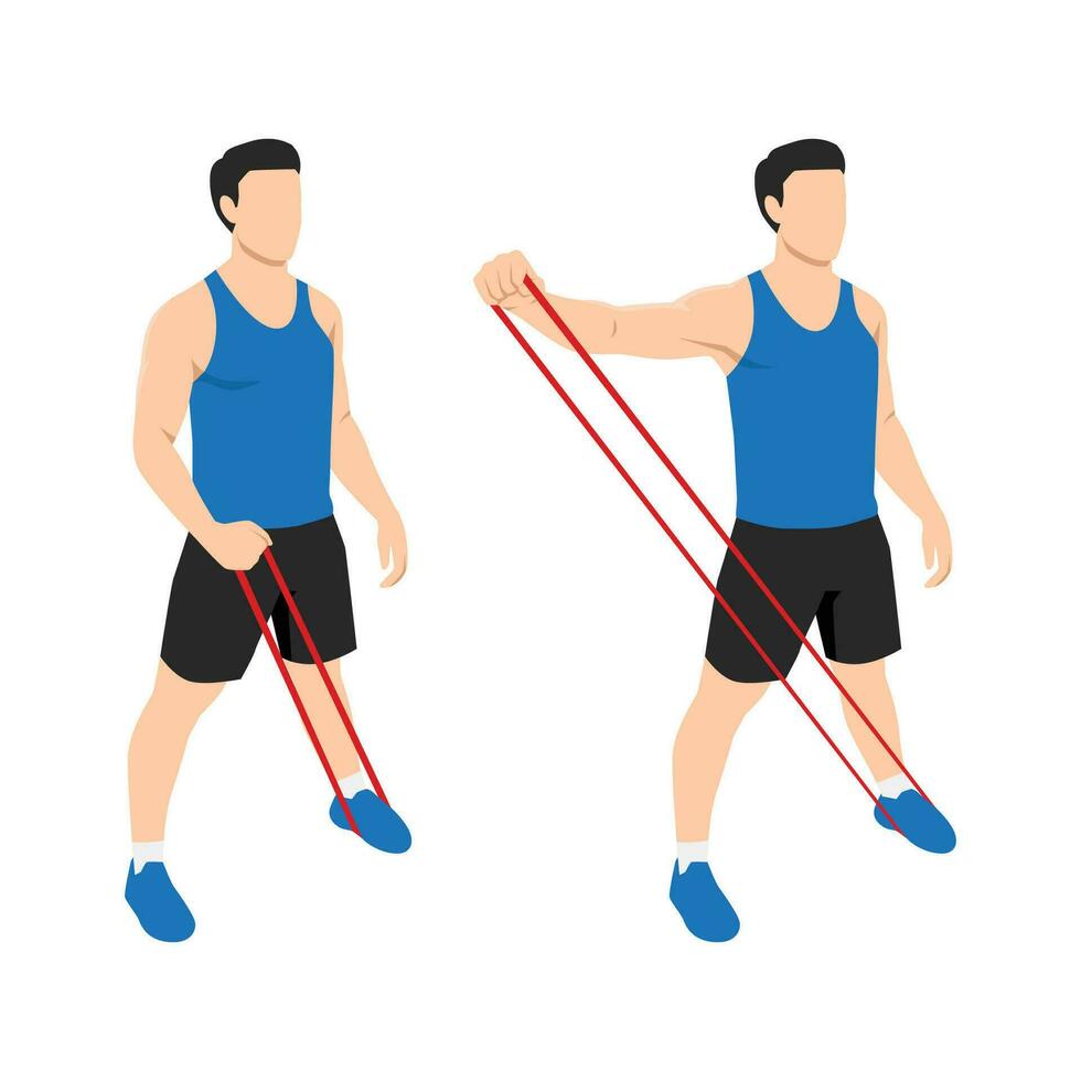 Man Doing Lateral Raise Home Workout Exercise with Thin Resistance Band Guidance. 29154710 Vector Art at Vecteezy