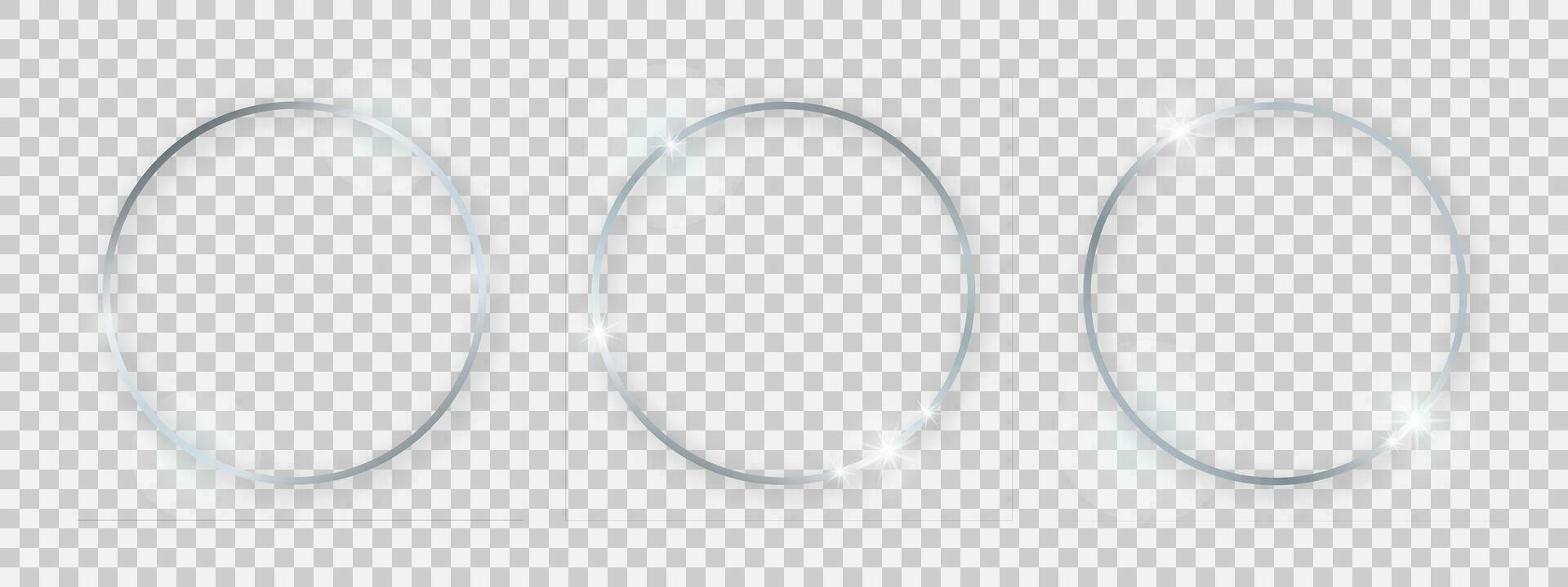 Round shiny frames with glowing effects. Set of three silver round frames with shadows on background. Vector illustration