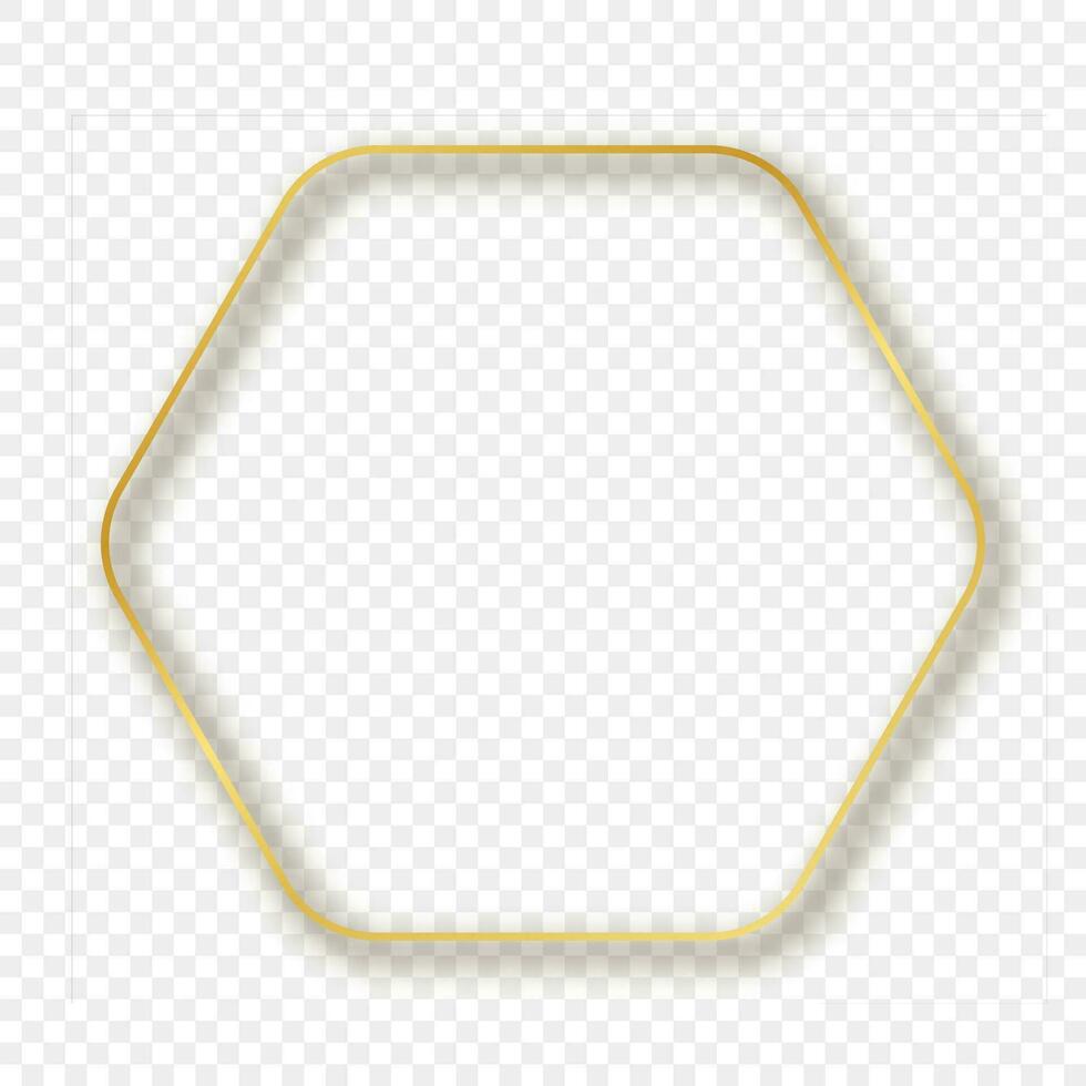 Gold glowing rounded hexagon frame with shadow isolated on background. Shiny frame with glowing effects. Vector illustration.