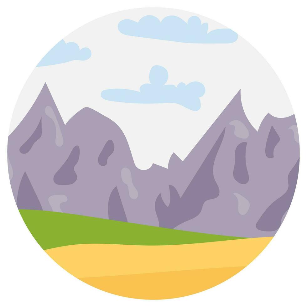 Natural cartoon landscape in circle. Vector illustration in the flat style with mountains, blue sky, clouds  and hills.